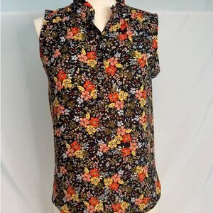 LOFT Navy Floral Ruffle Collar Sleeveless Half‎ Button Blouse Size SMALL